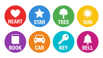 Set of four flat vector icons with heart, star, book, and car symbols in red, blue, purple, and orange circles with white text.