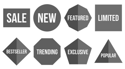 Set of four grayscale graphics with the words SALE, NEW, BESTSELLER, and TRENDING in a bold sans-serif font on different geometric shapes.