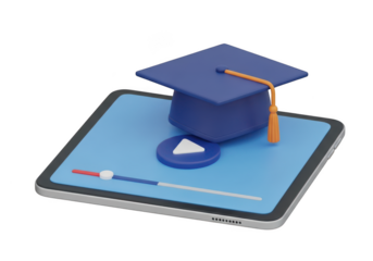 3d illustration of a graduation cap on a tablet with a play button, symbolizing online education and learning, isolated on transparent background