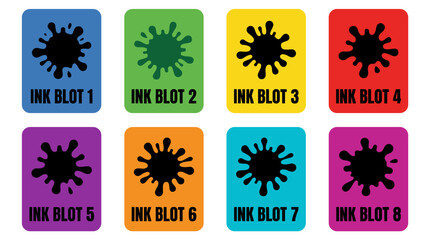 Set of four ink blot art pieces in flat vector style with solid colors, black ink splatters, and bold sans serif uppercase text labels.