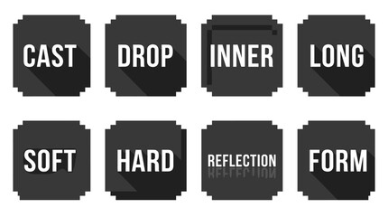 Set of four pixelated shadow labels with the words CAST, DROP, SOFT, and HARD in bold white sans-serif font on dark gray backgrounds.