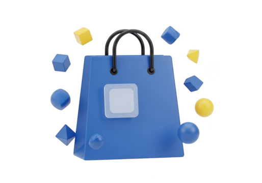 3d icon of blue shopping bag with geometric shapes floating around it isolated on transparent background - Powered by Adobe