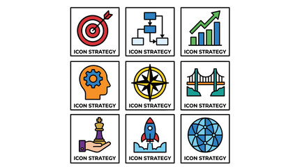 Set of strategy icons in flat vector style, featuring a target with an arrow, a gear inside a head, and a hand holding a king chess piece, with solid colors and bold sans serif text.
