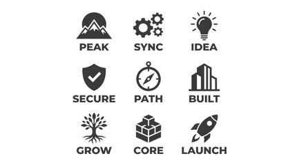 Set of three grayscale vector logos featuring mountain peak, shield with checkmark, and tree, with bold sans-serif text labels on white background.