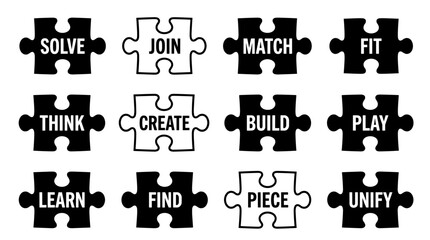 Six puzzle pieces with words Solve, Join, Think, Create, Learn, and Find in a monochrome flat vector style on a white background.