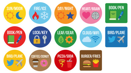 Set of twelve icon stickers with matching illustrations in flat vector style, featuring sun and moon, fire and ice, book and pen, lock and key, bird and plane, and coffee and donut.