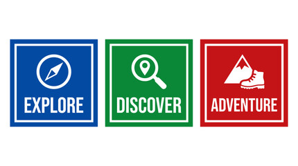 Social media post template set with 'Explore' and 'Discover' text in white, compass icon, blue and green color scheme, flat vector style, and solid colors.