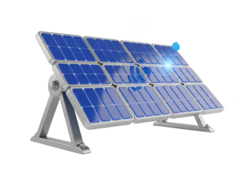 3d icon of 3d render of a solar panel array with multiple photovoltaic cells, angled for sunlight, isolated on transparent background