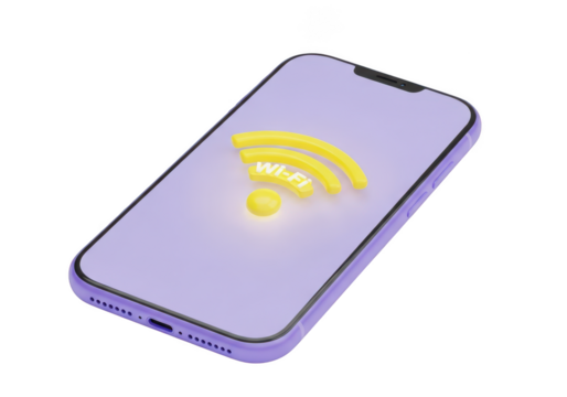 3d icon of 3d render of a purple smartphone displaying a glowing yellow wifi symbol on its screen, isolated on transparent background - Powered by Adobe