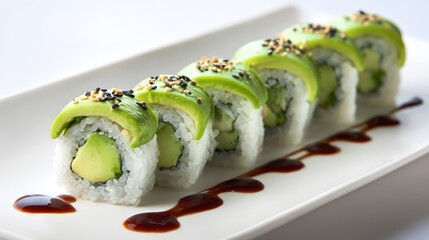 Sushi rolls with avocado on white plate. Japanese Asian food cuisine