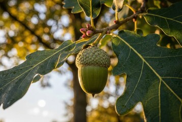 Acorn on oak tree branch with green leaves in warm sunlight, macro close-up nature detail with soft bokeh background, seasonal woodland concept, growth and ecology symbol
