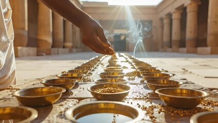 Ritualistic Offering: A Hand Scattering Grains into Bowls in a Sacred Space