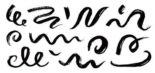 Chinese brush strokes swirl, line curve, calligraphy paint spiral elements. Hand drawn chinese ink brush paint stroke swish, swoosh wave doodles. Grunge texture abstract line. Vector illustration