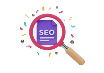 3d icon of magnifying glass focusing on a purple document with seo text, surrounded by confetti and spheres, isolated on transparent background