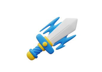 3d icon of stylized cartoon sword with blue and yellow accents isolated on transparent background