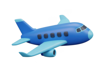 3d icon of a cartoonstyle blue airplane with light blue wings and engines, isolated on a transparent background
