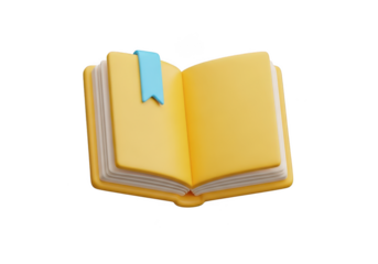 3d icon of open yellow book with a blue bookmark isolated on transparent background, symbolizing knowledge and learning