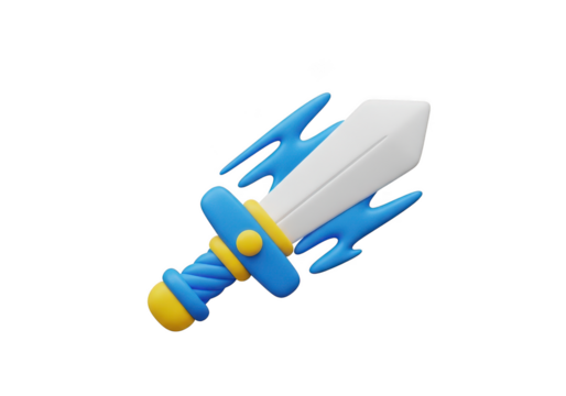 3d icon of stylized cartoon sword with blue and yellow accents isolated on transparent background - Powered by Adobe
