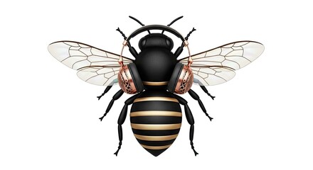 Digitally rendered honeybee wearing headphones on a clean white background space