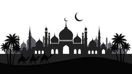 Islamic Holiday Eid Vibes Vector Illustration Featuring Black Silhouette of Mosque Skyline with Camel Caravan and Palm Trees Under Crescent Moon for Ramadan Kareem Banner Design