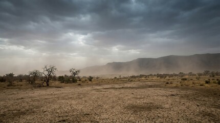 A vast desert landscape with trees and mountains under a dramatic cloudy sky