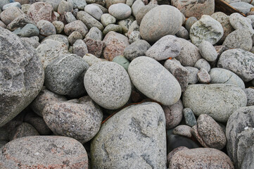 Closeup granite cobbles on shore, weathered lichen speckled surfaces, muted cool palette, tactile roughness, tight frame emphasizing organic shapes and subtle color variation