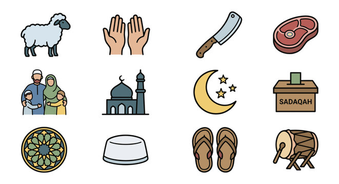 Eid al Adha religious activities vector icons set including sacrifice sheep prayer hands mosque bedug drum and sadaqah charity box for muslim festival of sacrifice celebration design resource