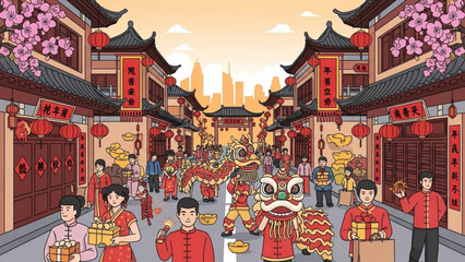 A vibrant illustration of a Chinese street scene with people celebrating a festive occasion in a traditional setting