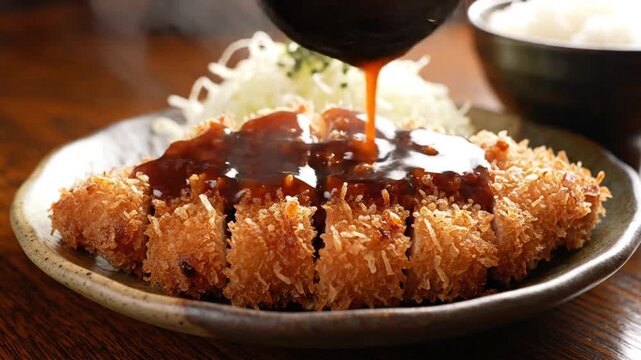 Crispy breaded pork cutlet drenched in glossy brown sauce, with rice and greens on plate with zest.!