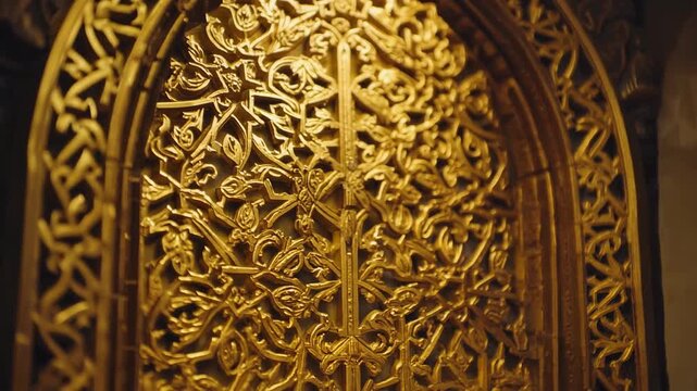 Intricate Golden Carved Wooden Archway with Ornate Details and Religious Symbolism.