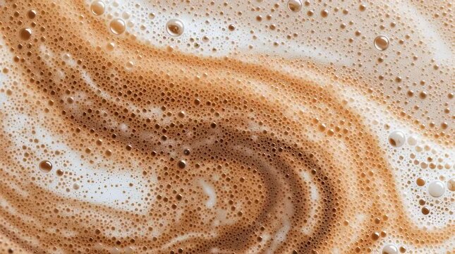 High-angle full-frame shot of coffee and milk swirling together, featuring frothy foam bubbles and creating a captivating abstract pattern frothy cafe latte with its signature vibrant brown color