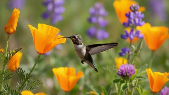 California Allen&rsquo;s Hummingbird Feeding on Poppy with Motion Blur Wings