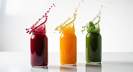 Three colorful fruit and vegetable juices splashing in glass jars on white table