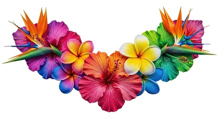 Tropical floral arrangement with hibiscus, plumeria, and bird of paradise flowers vibrant isolated