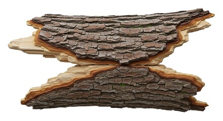 Abstract arrangement of tree bark with layered wood patterns creating a unique design against a