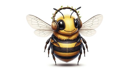 Fototapeta premium Adorable Cartoon Bee Wearing Headphones with Vines, Isolated on a White Background