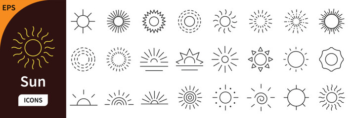 Sun icons collection set with different styles including outline, solid, and decorative sunburst designs. vector illustration