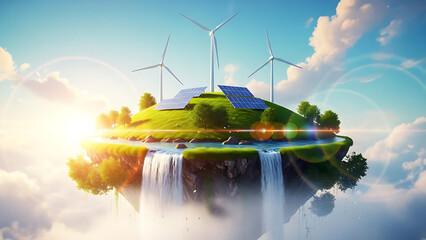 Floating Green Island with Wind Turbines and Solar Panels, Sustainable Energy Concept