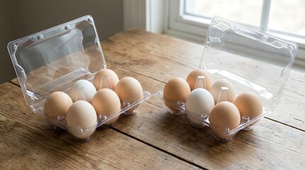 a still life composition featuring two clear plastic egg cartons each containing a collection of brown and white eggs set on a wooden