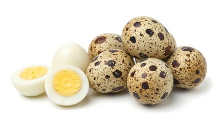 a still life composition showcasing a cluster of speckled quail eggs alongside a halved boiled egg revealing its vibrant yellow yolk center