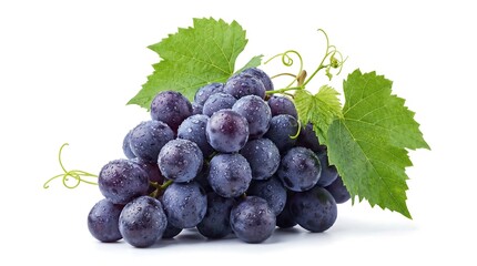 a vibrant bunch of dark purple grapes with lush green leaves and delicate tendrils is presented against a clean white backdrop showcasing freshness