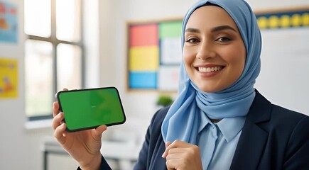 Smiling Muslim teacher presenting a smartphone with green screen for content display
