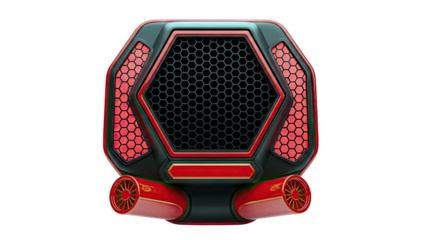 Futuristic Hexagonal Device with Red Accents and Jet Thrusters