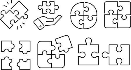 Puzzle piece icons set with jigsaw connections, solution and teamwork concept symbols in outline style. vector illustration