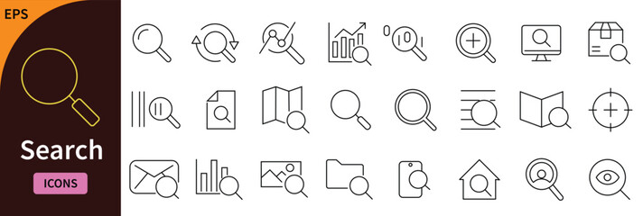 Search and magnifying glass icons collection with zoom, find, and exploration symbols in outline style. vector illustration