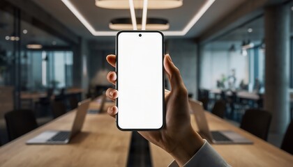 Businessperson holding smartphone with blank screen in modern office