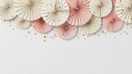 Obraz premium Elegant paper fan decorations with golden confetti creating a festive top border on a white background