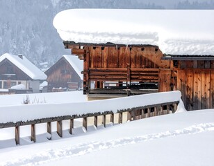 Naklejka premium Snow-covered wooden buildings in a serene winter landscape setting