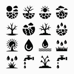  Black Solid Drought & Desertification Vector Icon Set