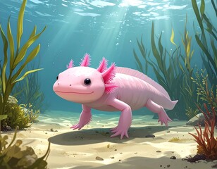 Adorable pink axolotl swimming underwater with plant life in view
